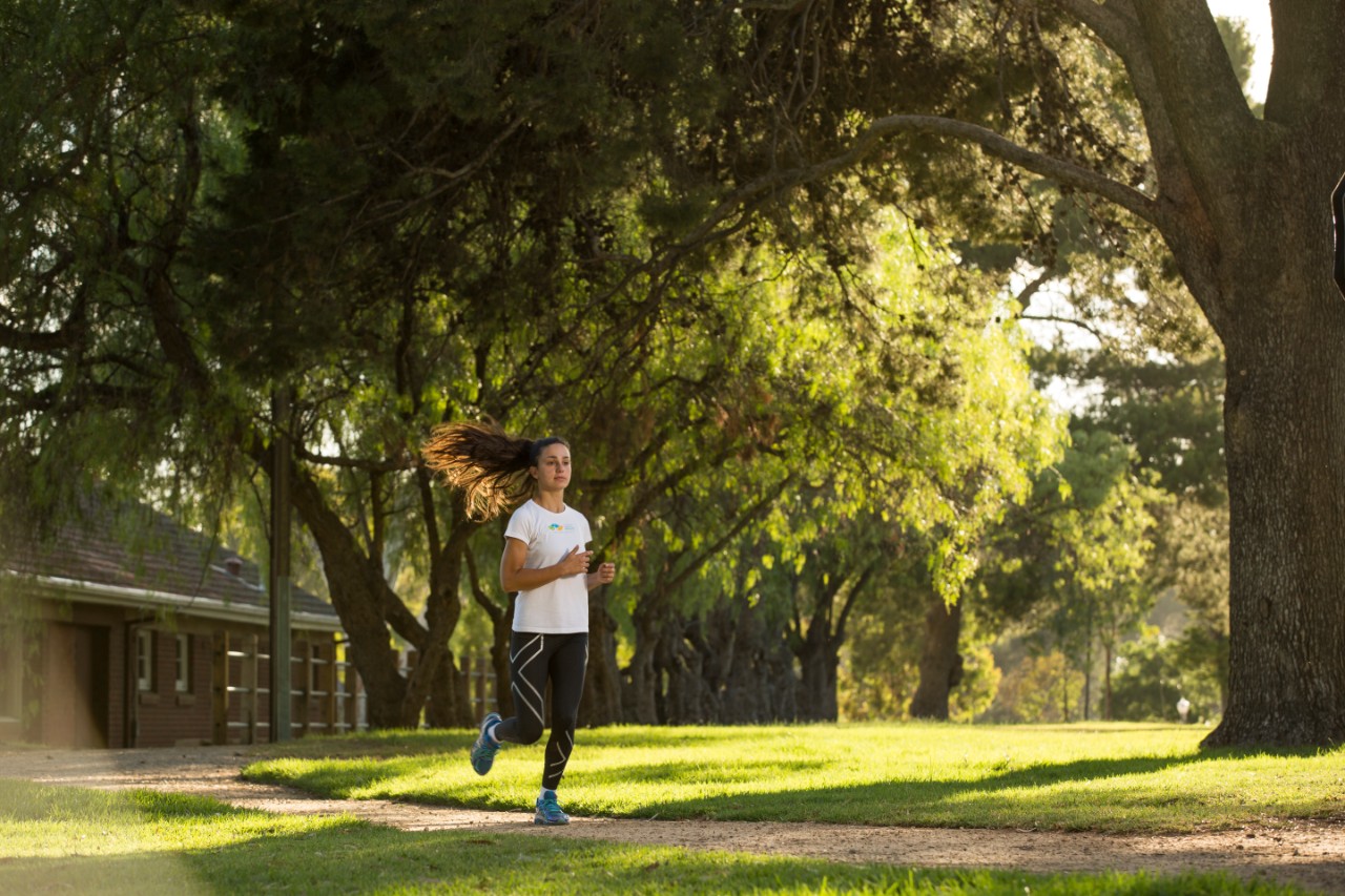 Adelaide lifestyle. Student jogging, exercising along River Torrens and parklands. Exercise.