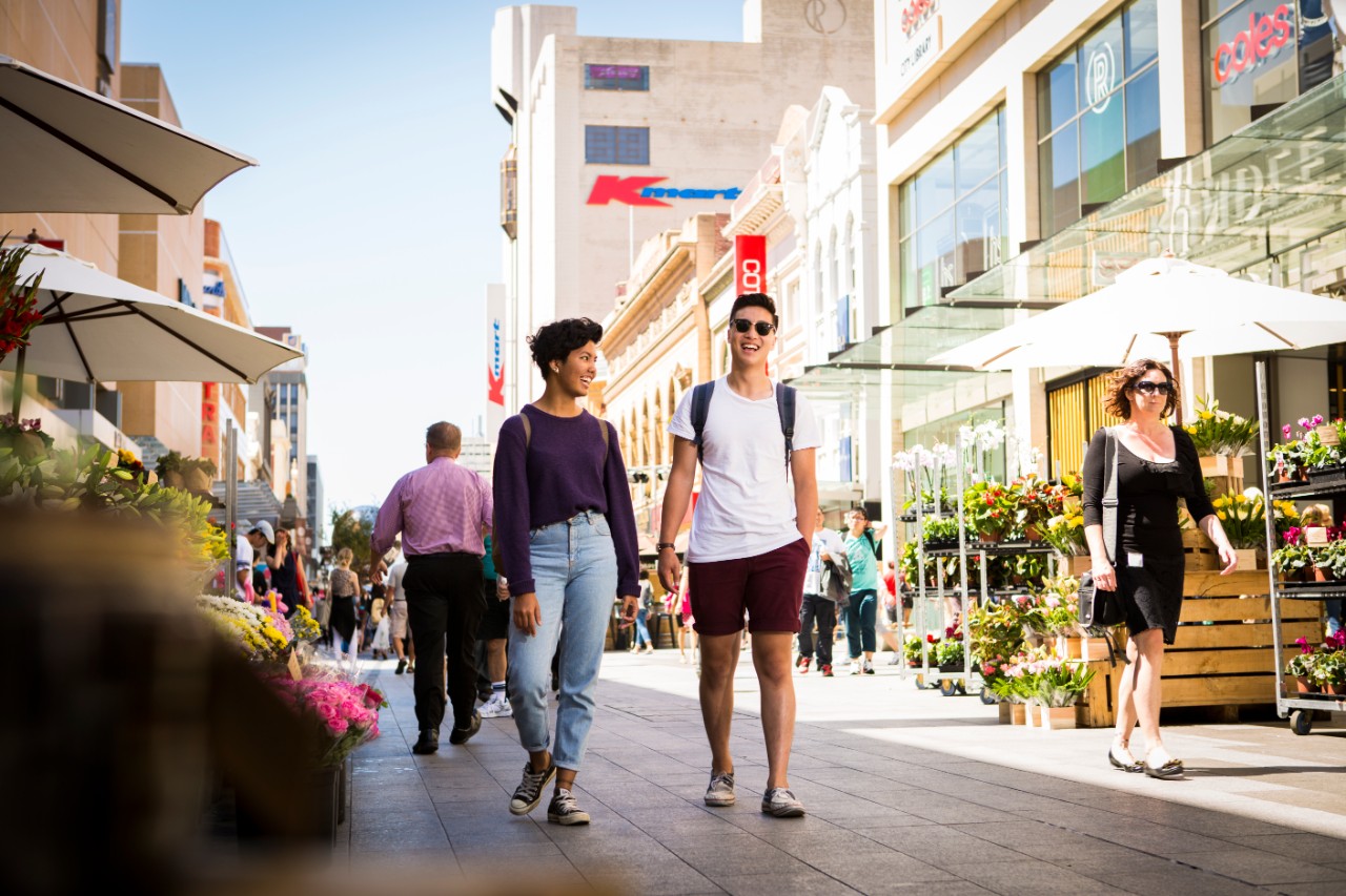 Students walking in Rundle Mall