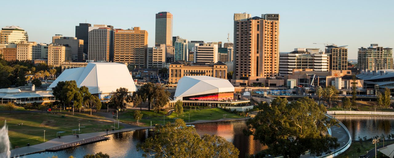 Adelaide city with Festival Theatre and Torrens River
