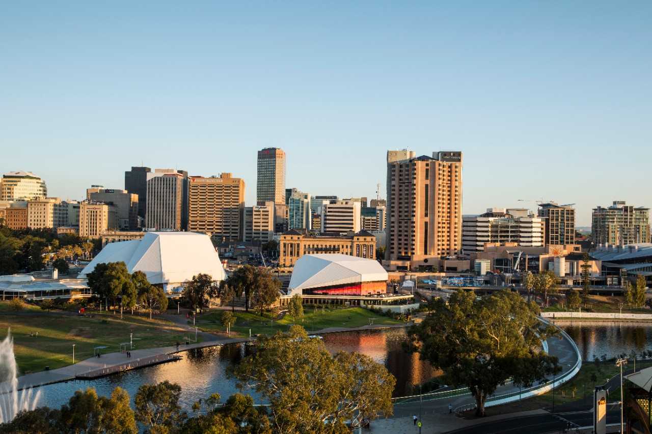 Adelaide city with Festival Theatre and Torrens River